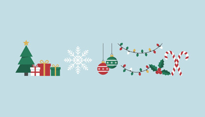 Minimalist Christmas holiday icons banner design tree gifts lights ornaments and candy canes on blue