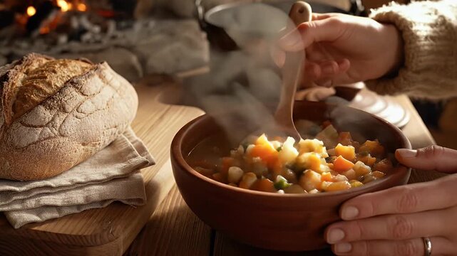 Wooden bowl of hot stew with bread and hand