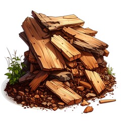 A pile of splintered, sunlit wood planks sits on rough ground, accented by some bits of green foliage