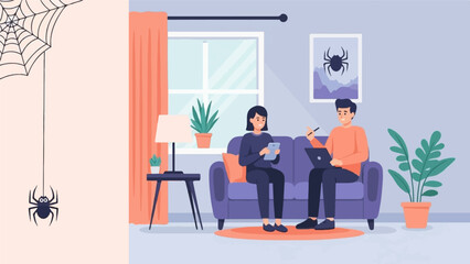 People in a living room with a spider motif