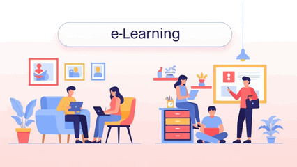 People engage in e-learning activities, studying and working remotely from home