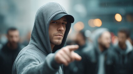 Young Man in Grey Hoodie and Black Cap Assertively Pointing at the Camera, Standing in a Rainy Urban Environment with Blurred Lights and Figures in the Background