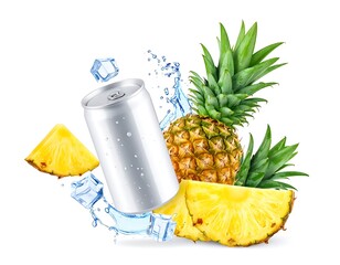 A pineapple with a silver can, ice cubes and water splash. Isolate on white