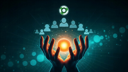 person holding glowing orb with people icons around social connection