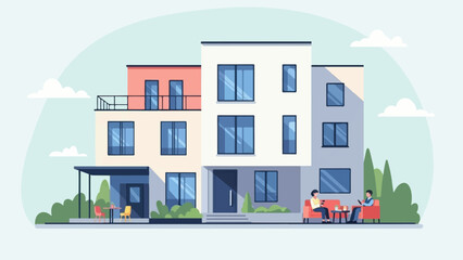 Modern multi-story building with people relaxing outdoors