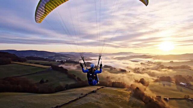 Paragliding rider gliding over rolling hills at sunrise with a colorful canopy