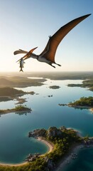 Fototapeta premium Pterosaur flying with a fish in its mouth over a prehistoric lake landscape. Ancient dinosaur world. Jurassic period.