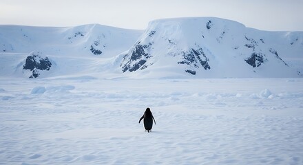 Lonely penguin walking on icy landscape with snow-capped mountains