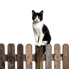 A black and white cat sits atop a weathered wooden fence post against a pure white background