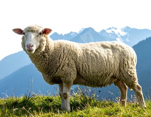 Obraz premium A fluffy sheep stands on a grassy hill with mountains in the background, against a bright white sky