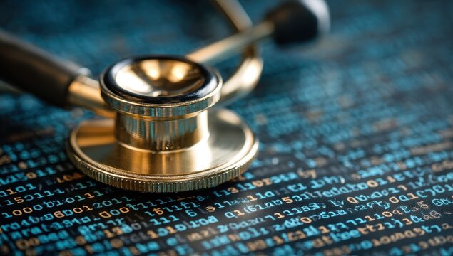 High quality photo of Golden Stethoscope on Digital Data Screen Background