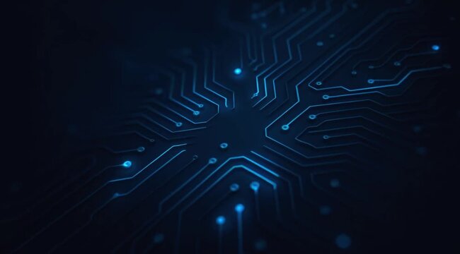 Futuristic dark blue circuit board background with glowing data lines connecting in a central hub creating a modern digital atmosphere for technology projects.
