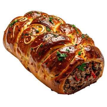A rustic Drob served with radishes and spring onions, a traditional Easter dish isolated on a stark white background.
