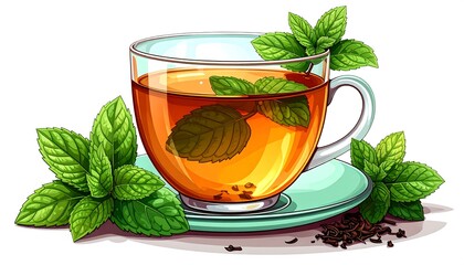 A vibrant illustration showcasing a glass teacup filled with tea, mint leaves, and a saucer. Dried tea leaves add detail