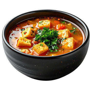A hearty bowl of flaki soup, a classic Polish comfort food, presented simply and isolated on a white background.