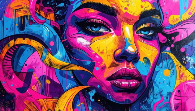 Vibrant Portrait of Woman with Colorful Art.