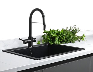 A black kitchen sink with herbs next to a sleek black faucet against a white marble countertop and cabinetry