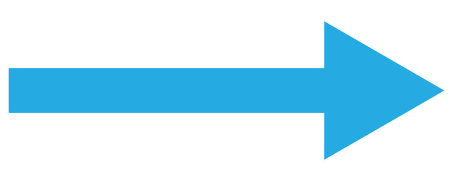 A straight long arrow icon, right large line, blue cursor, horizontal element, thick pointer vector long arrow icon. Illustration on white background. 