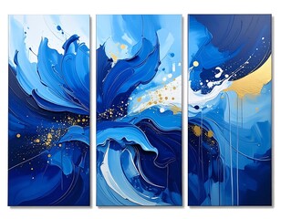 A triptych of abstract floral art. Swirling blues, whites, and gold flecks create a dreamy and elegant composition