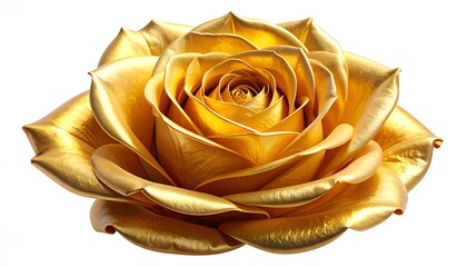 A radiant, golden rose with layered petals against a stark white backdrop. Luxurious, shiny texture highlights form