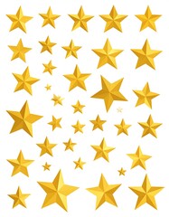 A collection of shiny gold stars on a white background