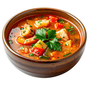 A close-up view of Hal&aacute;szl&eacute;, highlighting the tender fish pieces and spicy tomato-paprika broth, isolated on a white background.