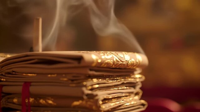 Reverent close-up slow track of joss paper with gilded patterns and ethereal smoke
