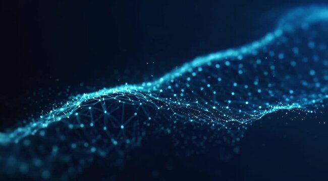 Abstract blue digital plexus wave with glowing connecting lines and dots flowing smoothly creating a futuristic network background suitable for blockchain or science concepts.