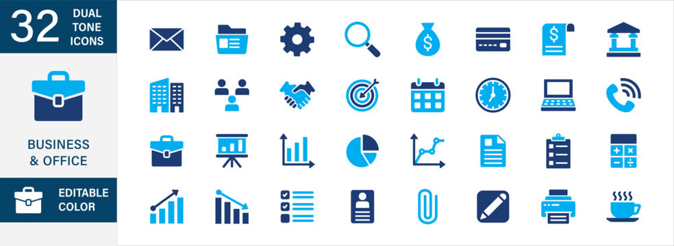 Business and office icon set in flat dual tone blue   design. Contains icon symbol of briefcase, chart,finance, presentation board,target, folder, teamwork, management, handshake, calculator.