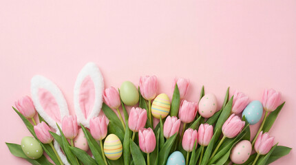 Easter enchantment top view color-pop eggs, an adorable bunny ears, and tulips bouquet against a calming pastel pink setting. A captivating image with space for text or promotional content