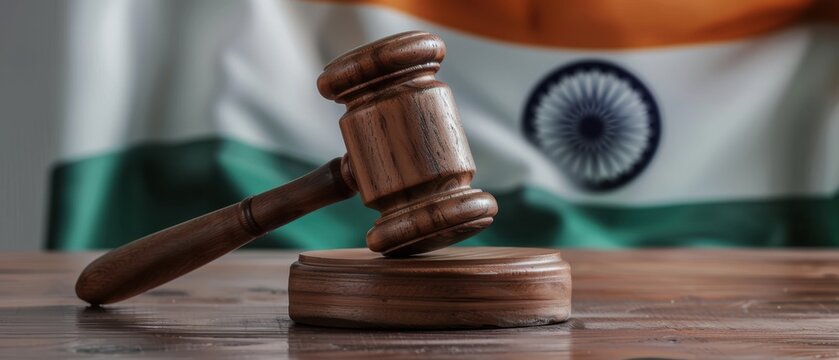 Wooden judge gavel on a sound block with the blurred national flag of India in the background. Concept of Indian law, justice system, supreme court verdict, and authority
