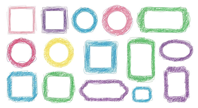 A collection of colorful, hand-drawn frames in various geometric shapes including squares, circles, and ovals, rendered with a crayon-like texture.