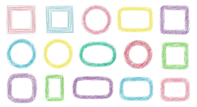 A collection of colorful, hand-drawn frames in various shapes and sizes, resembling crayon drawings.