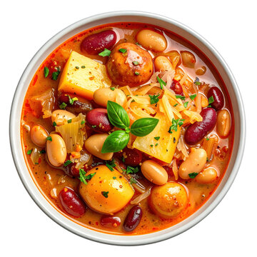 Jota served in a rustic bowl, a thick and nourishing Slovenian peasant soup, isolated on white background.