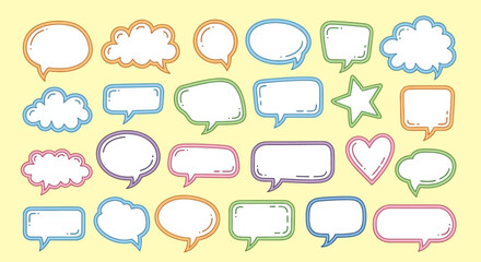 A collection of diverse, hand-drawn speech bubbles and thought clouds in various shapes and pastel colors, set against a soft yellow background.