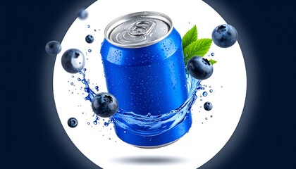 A blue aluminum can surrounded by splashing water and blueberries, against a white circle backdrop on a dark blue surface