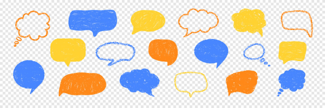Hand drawn speech bubble vector set with crayon texture. Colorful rough shapes. Playful doodle style. Perfect for social media posts, kids design, education, comics, stickers