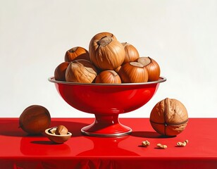 A red bowl overflowing with various nuts, alongside a shelled nut and a walnut, set on a red surface