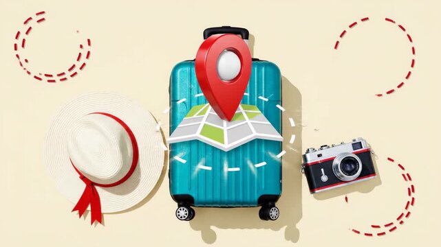 Flat lay composition: teal suitcase, map, camera, and hat for travel planning