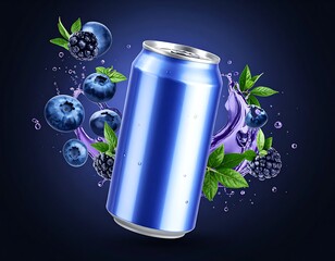 A blue can floats amidst juicy blueberries, blackberries, vibrant purple splash, and fresh green leaves