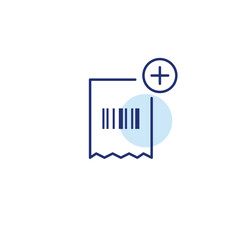 Obraz premium Barcode receipt and plus symbol. Item add to checkout, purchase update, sale record. Pixel perfect, editable stroke vector icon