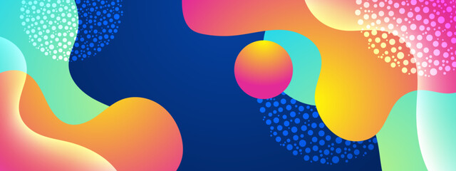 Fototapeta premium Vibrant liquid abstract background featuring colorful organic fluid shapes and dotted patterns on dark blue backdrop