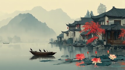 Obraz premium Traditional Chinese Water Town with Pink Lotus and Pavilions