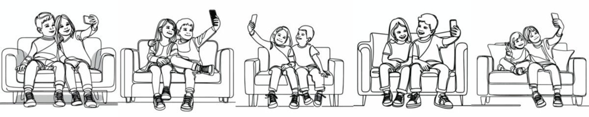 line art of a two little kids taking a selfie together on sofa