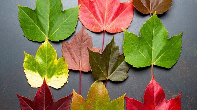 Assorted maple leaves in vibrant autumnal colors arranged on a dark, textured surface