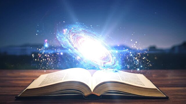 An open book on a wooden surface with a galaxy bursting from its pages against a night sky