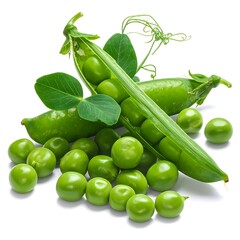 A vibrant bunch of green peas spill from their pods, amidst leaves and tendrils against a stark white background
