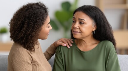 Fototapeta premium Authentic scene of emotional support during a therapy session, therapist offering a comforting touch on the shoulder, warm ambient lighting, cozy therapy room with soft tones, visible props like