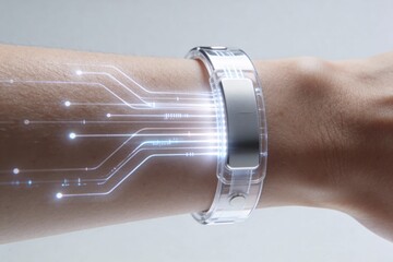 Detailaufnahme: Bio-Hacking-Interface am Arm mit leuchtenden Sensoren, Fokus auf Technologie und Haut