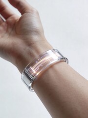 Detailaufnahme: Bio-Hacking-Interface am Arm mit leuchtenden Sensoren, Fokus auf Technologie und Haut